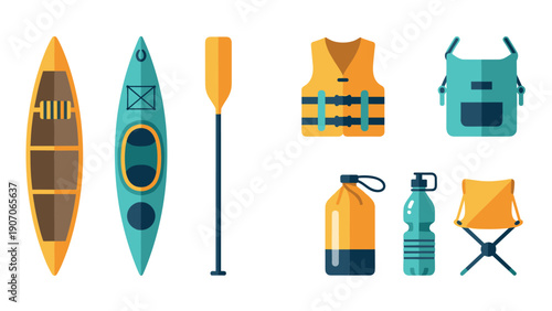 Flat design kayaking essentials with canoe, paddle, life jacket, backpack, water bottles, folding chair