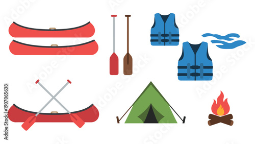 Colorful camping and canoeing gear icons for outdoor adventure enthusiasts