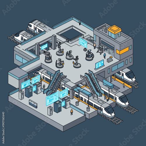 Wallpaper Mural Isometric View of Modern Train Station with Trains. Torontodigital.ca