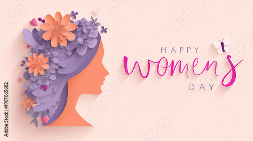 International Womenâs Day wide vector banner with papercut depth. Background: pale blush pink. Left third: large right-facing female profile silhouette in layered purple/violet pap