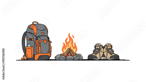 Camping essentials: backpack, campfire, boots in outdoor adventure design