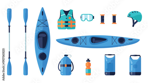 Kayaking gear and equipment set in flat design style