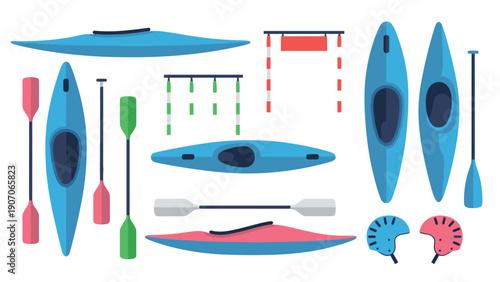 Colorful kayak and paddle gear collection for water sports enthusiasts