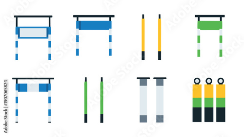 Flat design gym equipment icons: bars and hurdles set for fitness and exercise