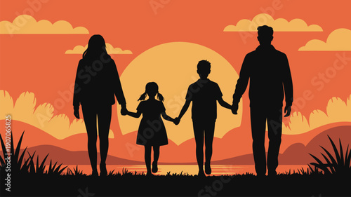 Family holding hands at sunset by the water illustration