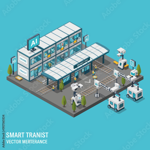 Isometric Smart Transit Station with Vehicles.