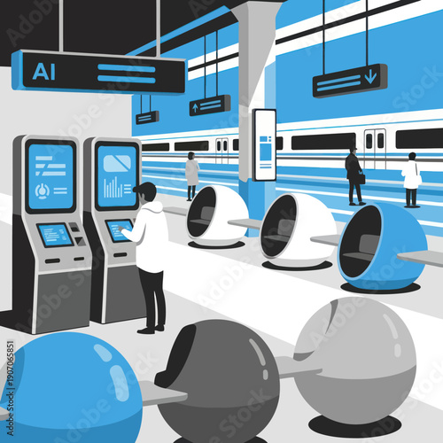 Futuristic Train Station with AI Technology and Pods.