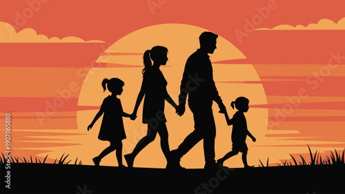 Family walking at sunset with children illustration