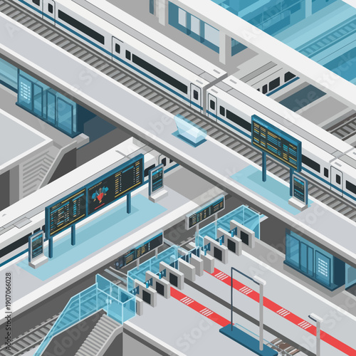 Modern Subway Station with Train and Platforms.