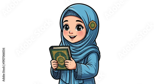 This heartwarming digital illustration features a cheerful cartoon child, dressed in traditional attire, happily holding a small Qur'an, symbolizing spiritual learning during Ramadhan. 