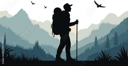 Hiker with backpack and poles in misty mountains trekking