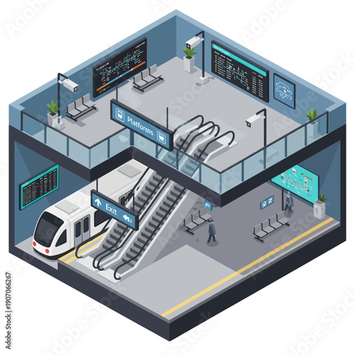 Isometric View of Modern Train Station Platform.