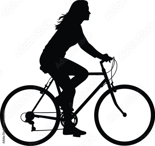Woman riding bicycle illustration with dynamic silhouette and flowing hair on road