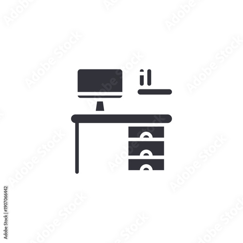 Minimalist workspace desk icon featuring computer and shelves, representing modern home office interior and productivity setup.