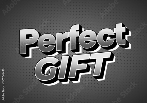 Bold 3d metallic text reading perfect gift on dark halftone dotted background, retro comic style promotional banner or greeting card design.