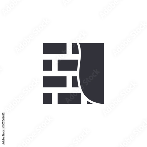 Brick wall with curtain icon illustrating loft interior style, industrial design concept, and decorative backdrop.