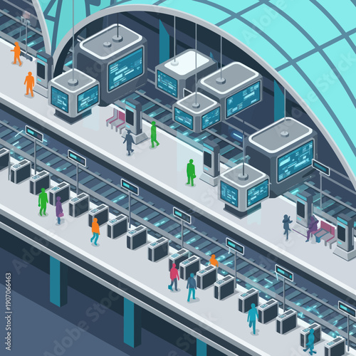 Futuristic Airport Security Check Booths and Travelers.