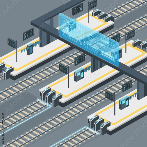 Futuristic Train Station with Blue Train.