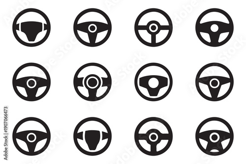 Minimalist steering wheel vector icons for automotive branding and car control software interface assets
