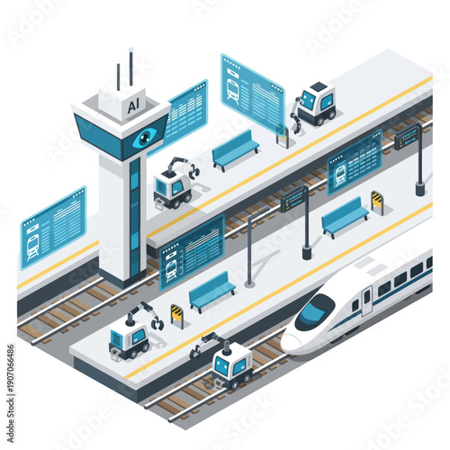 Isometric Train Station with Modern Transportation.