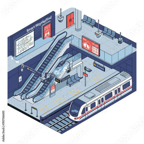 Isometric Subway Station with Train and Escalator.