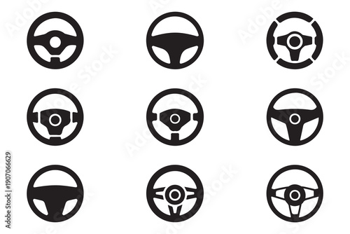 Set of black and white car steering wheel icons, different styles of automobile control wheels
