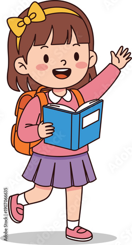 Cute cartoon vector illustration of a happy young schoolgirl with orange backpack waving while holding a blue book.
