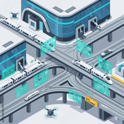 Futuristic Train Station with Multiple Tracks.