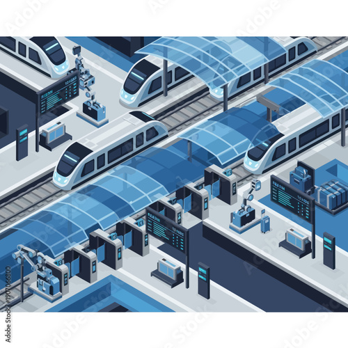 Futuristic Train Station with Modern Trains.