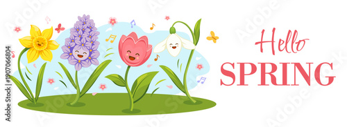 Hello Spring Banner with Cute Dancing Flowers, Happy Cartoon Floral Characters, Spring Nature Vector Illustration