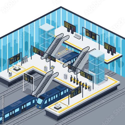 Isometric Train Station with Modern Architecture.