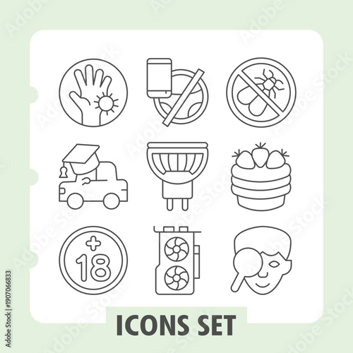Set of nine thin line icons depicting hygiene, driving school, prohibition, safety, food, pest control and vision concepts. Ideal for web design, presentations and print on white background.
