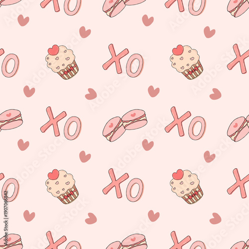 Sweet seamless vector pattern featuring hand-drawn cupcakes, macarons, hearts, and "XO" text on a soft pink background. Romantic and cute background design for Valentine's Day, bakery packaging