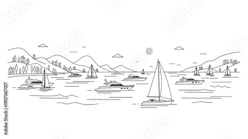 Minimalistic linear nautical landscape with sailboats and yachts on a sunny day