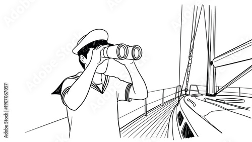 Sailor looking through binoculars on a yacht in linear style