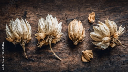 Close up of dried flowers on wooden surface nature beauty and detail