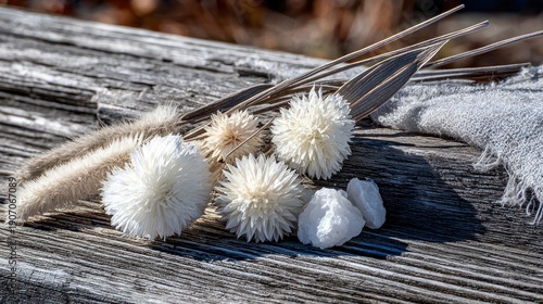 Close up of dried floral arrangement on weathered wooden surface