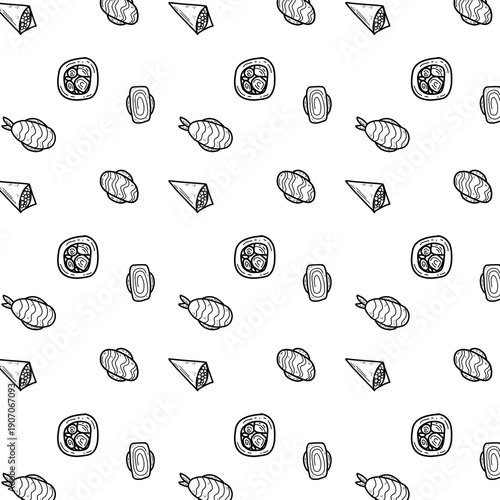 Seamless pattern of hand drawn sushi variety such as rolls, sashimi, tamago sushi, and temaki rolls