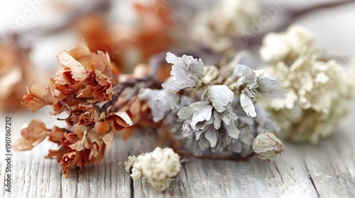 Close up of dried flowers with varied colors and textures on a wooden surface