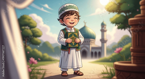 This heartwarming digital illustration features a cheerful cartoon child, dressed in traditional attire, happily holding a small Qur'an, symbolizing spiritual learning during Ramadhan. 