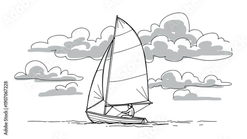 Black and white sailboat sketch with dramatic clouds on the horizon