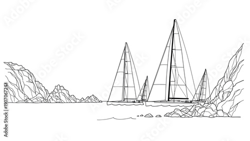 Sailboats on the ocean: minimalist black and white line art of sailing adventure