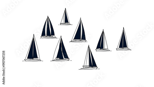Sailing adventure: elegant silhouette of multiple sailboats in motion on white background