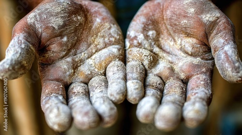 Close up of flour covered hands showing hard work and craftsmanship