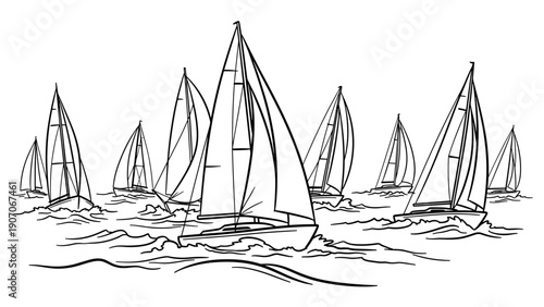 Sailing boats in line art style on wavy sea