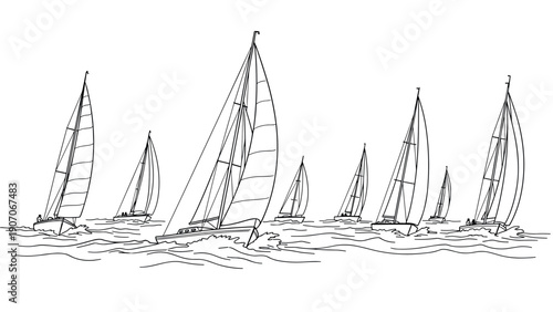 Elegant line art depiction of sailboats racing on open sea waters