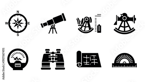Navigation and surveying tools in black silhouette style
