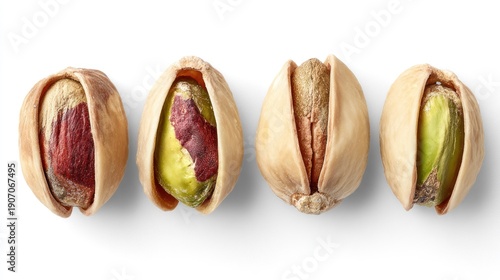 Close up of four pistachio nuts isolated on a white background