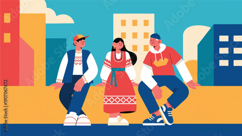 Illustration Of Young People Wearing Traditional Clothes With A Simple City Background Vector Design Template