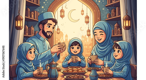 This heartwarming digital illustration portrays a cheerful cartoon Muslim family, gathered around a table for Iftar, symbolizing family bonding and togetherness during Ramadhan. 